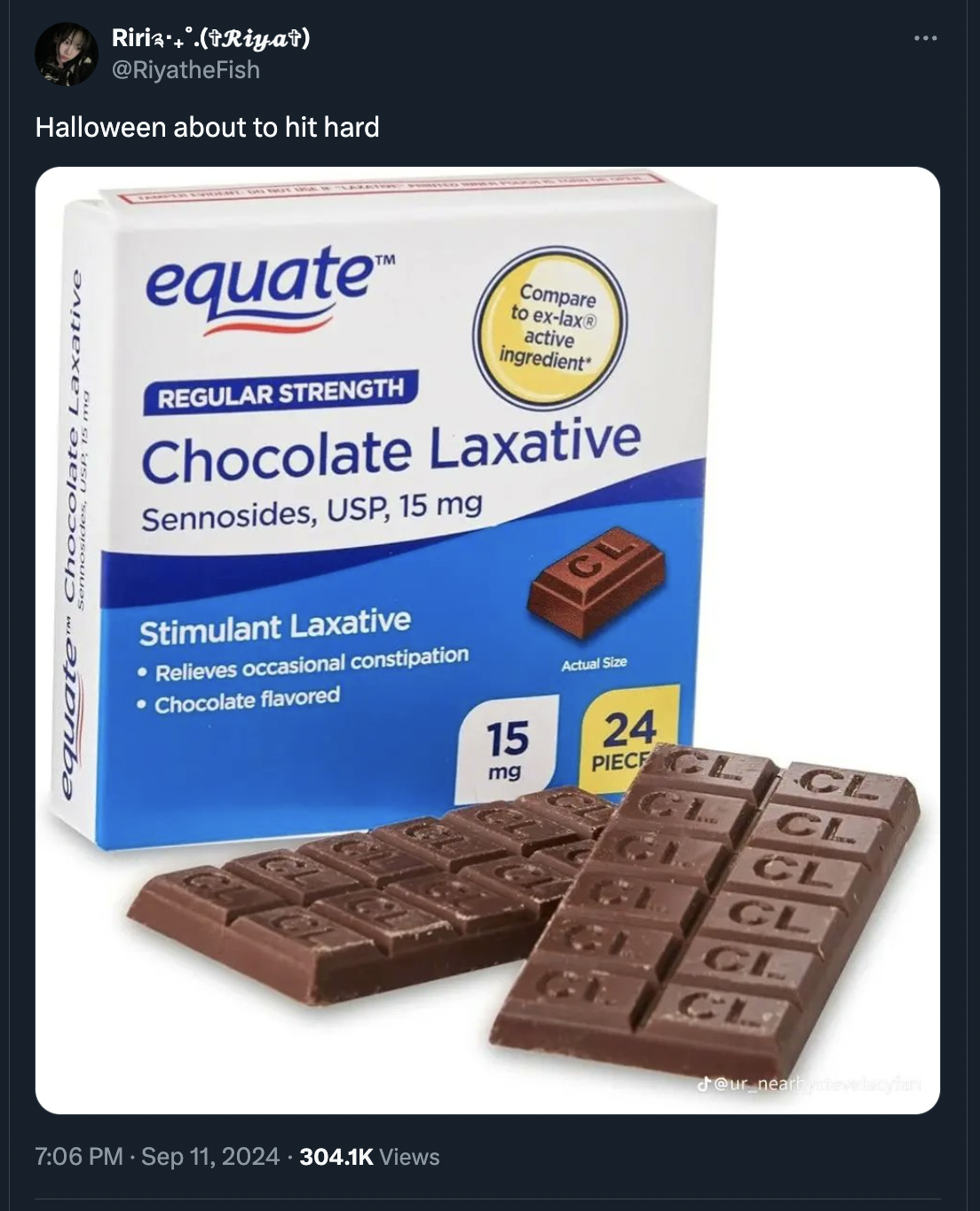 coconut bar - Riria...Riyat Halloween about to hit hard equate Regular Strength Compare to exlax active ingredient Chocolate Laxative Sennosides, Usp, 15 mg Stimulant Laxative Relieves occasional constipation Dba Chocolate flavored Actual S 15 24 Piece Cl